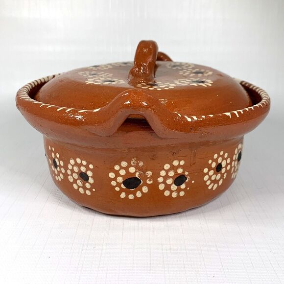 Primitive Covered Dish Tonala Terracotta Lid Hand Painted Mexico Rustic Vintage - Picture 3 of 7